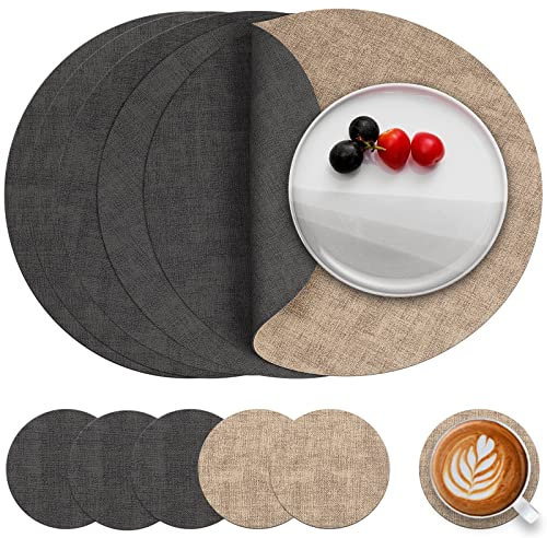 Myir JUN Manteles Individuales Redondos y Posavasos, Salvamanteles Individuales de Cuero Juego de 6 Mantel Individual Lavables Antideslizant Individuales Mesa (Gris Beige, Juego de 6)