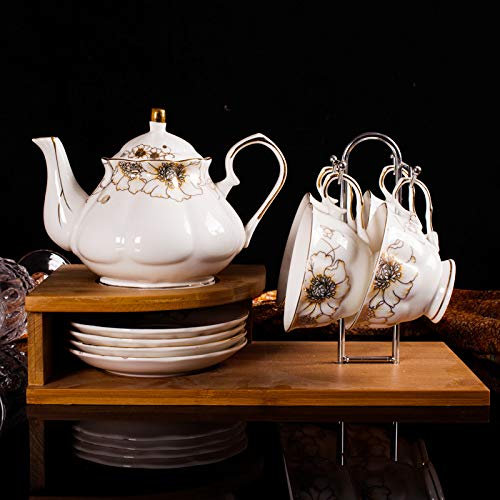 JUNNIU Servizio da tè Floreale Vintage per Adulti Set da tè in Porcellana Britannica Set di Tazze da tè e piattino Set Regalo da caffè in Porcellana Cinese con Supporto per portabicchieri,A (B) (D)