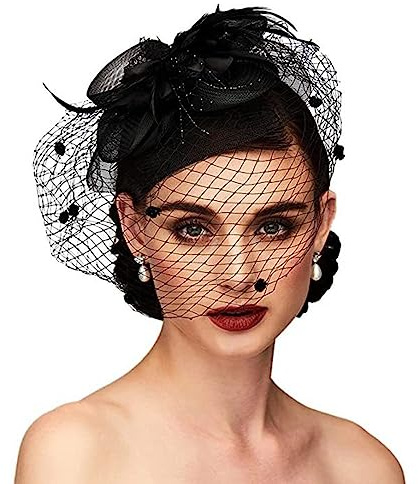 Pillbox Hut Damen Mesh Kopfschmuck mit Blumen Federn Haarschmuck Organza Clip Fascinator Hut Vintage 1950er Hochzeitshut Elegant Brautschmuck Haarspange für Mädchen Cocktail Party Kirche Karneval