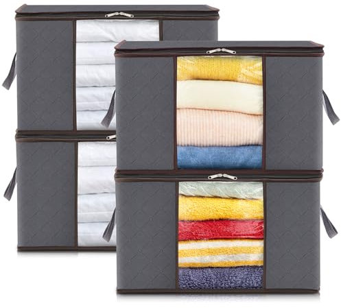 Lifewit 4 Pack Large Clothes Storage Bags Boxes with Lids, 75L Wardrobe Storage Organiser Packing Boxes for Moving House with Reinforced Handle Thick Fabric for Clothing Towel Blanket Bedding, Grey