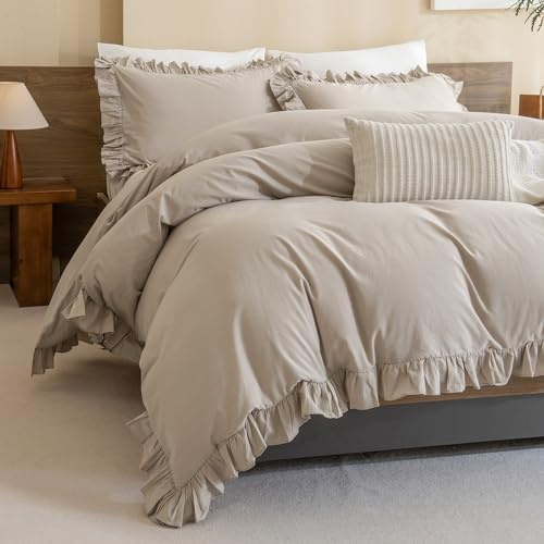 QSH Washed Cotton Duvet Cover King Ruffle Duvet Cover Linen Textured Farmhouse Shabby Vintage Chic Bedding Comforter Cover 3 PCs Aesthetic French Country Vintage King Bedding