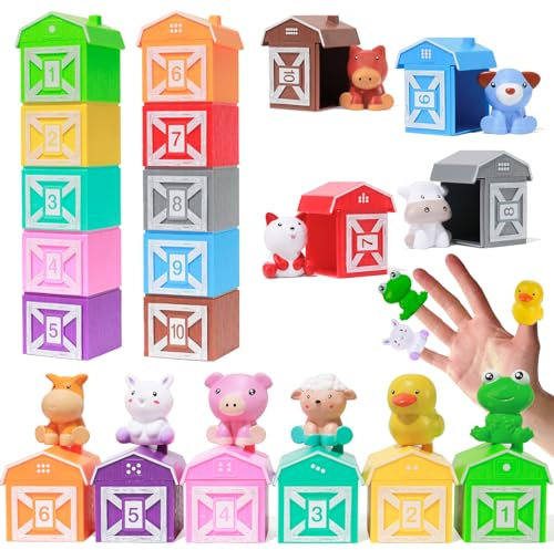 XAZASTOV Bauernhoftiere Spielzeug mit Fingerpuppen ab 6 9 12 18 Monate, Bauernhoftier Montessori Spielzeug ab 1 2 3 Jahr, Tier Lernspielzeug für Kinder, Zähl-, Zuordnungs und Farb Sortierspiele