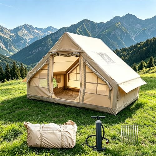 Inflatable Camping Tents with Hand Pump, Air Glamping Tents, Easy Setup Waterproof and Windproof Blow up Tent, 4 Seasons Oxford Cabin Tent with Mesh Window & Stove Jack.(Beige, 300x210cm)