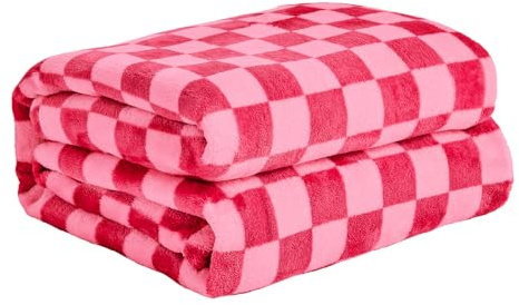 FY FIBER HOUSE Checkered Flannel Fleece Throw Blanket Soft Cozy Checkerboard Grid Print Chessboard Gingham Pattern Blankets for Bed Couch Sofa, 60x80, Hot Pink