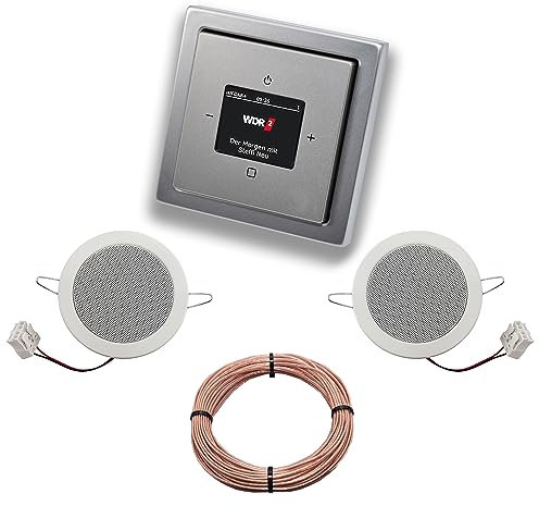Busch Jäger DAB+ (DAB PLUS) Unterputz Radio 8215U-101 PUR Edelstahl, Komplett-Set mit 2 x Deckenlautsprecher Einbaulautsprecher + 20 Meter Lautsprecherkabel 2x0,75 mm2 8215 U - 101