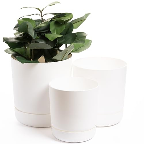 Home Garden Ornaments Plant Pots Indoor – Classy Indoor Plant Pot Set of 3 (13cm, 15cm, 17cm) with Drainage Holes, Saucer and Reservoir, Self Watering Flower Pots (Colour: White)