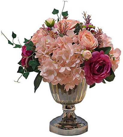 DDNGEJ Künstliche Blume im Topf, Hochzeitskulisse, luxuriöse künstliche Blume, rosa Hortensie, Rose mit Vase, Kerzenhalter, Tischständer, Partydeko
