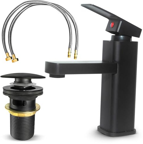 MSC Black Mixer Tap - Single Lever Design, Matte Black Basin Tap, Cloakroom Basin Mixer, Includes Pop Up Waste and Hoses