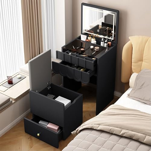 FUKEFUZ Schminktisch Mit Stuhl, Kosmetikspiegel Mit Beleuchtung, Inklusive Hocker Mit Stauraum, 360°-Lenkrollen, Leise Gleitschienen, Schminktisch, Ideal Für Schlafzimmer Oder Kleine Räume(Schwarz,23.