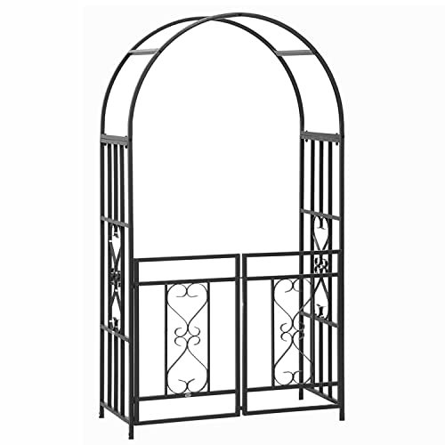 Metal Garden Arch with Gate Outdoor Rose Archway Trellis Pergola for Climbing Plants Heavy Duty Decorative Arched Frame Support Rack for Entrances