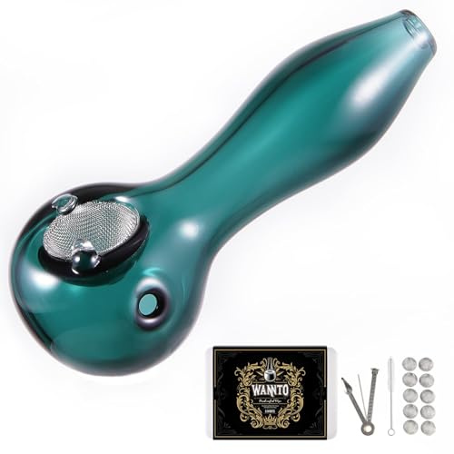 LIVBTS Handcrafted Glass Smoking Pipe,Conical Bowl Heat Resistant,Odourless Includes 10 Filters,Storage Box,Cleaning Brush, and Pipe Scraper Cleaner Set (Green)