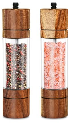 XWXO Acacia Wood Salt Grinder and Pepper Grinder Set Premium Acrylic Salt and Pepper Mill Set, Manual Salt and Pepper Mills- Wooden Shakers with Adjustable Ceramic Core 8 Inches 2 Pack