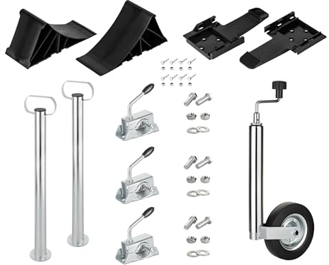 AUTOLIGHT 24 2X Anhängerstützen, 2X Unterlegkeile mit Halterung & höhenverstellbares Stützrad – Verzinkter Stahl, bis 750 kg, inkl. Zubehör Komplettset für Anhänger