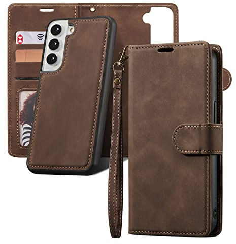 QLTYPRI Fodral för Samsung Galaxy S25, avtagbart magnetiskt mobiltelefonfodral med kortfack och ställ. Flip vikbart fodral skyddsfodral fodral kompatibelt med Samsung Galaxy S25 – kaffe