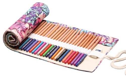 KWKPR Leinwand Pencil Wrap, Mäppchen Federtaschen, Federmäppchen zum Aufrollen, Stifterolle 24 Löcher Buntstifte Federmäppchen Tragbar, Teenager Etui Stifte Pencil Case für Schule & Büro