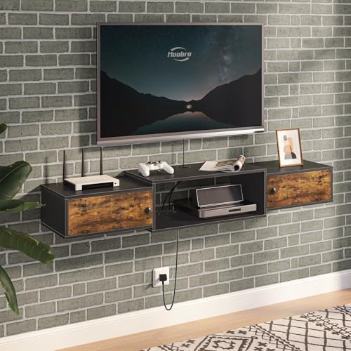 HOOBRO Floating TV Unit, Wall Mounted TV Cabinet with Power Outlet, Entertainment Media Console Shelf Cabinet for Under TV Storage, Living Room, Rustic Brown and Black EBF11KDS01