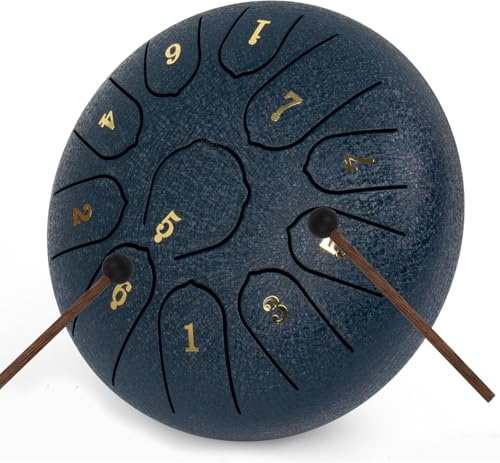 LOMUTY Handpan, Steeldrum, Handtrommel Musikinstrumente, Dunkelblau | Zungentrommel 11 Töne 6 Zoll 15cm C Dur, Steel Tongue Drum Meditation,Garden Rain Drum, Regentrommel mit Schlägeln usw.