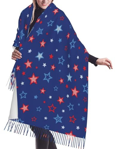YOFIEN Rot-Blaue Sterne, Kaschmir-Haptik, Schals, Wickeltücher, Damen, Winterschal mit Fransen, leichte Stola