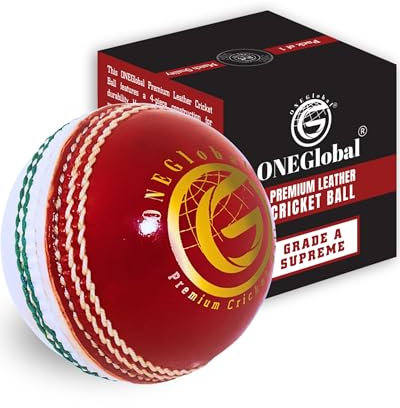 ONEGlobal överlägsen läder cricketboll | 100 % handsydd, 156 g - 5,5 uns, 4-delat premiumläder, vattentät | matcha kvalitet hårda cricketbollar för ligamaskiner, nätövning etc. (1-Röd & vit)