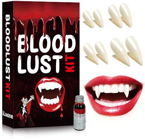 Vampirzähne Halloween Set für Erwachsene, 4 Paar Vampir Gebiss mit 30 Narben Tattoos und Weißer Zahnschutz – Realistische Fangzähne Cosplay Zubehör für Karneval, Horror & Halloween Schminke