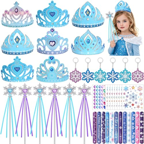 Schneeflocken Mitgebsel Kindergeburtstag Gastgeschenke Elsa Eiskönigin Krone Zauberstab Armbänder Schneeflocken Sticker Tattoo Kinder Prinzessin Give Aways Mitbringsel Pinata Geburtstag Mädchen