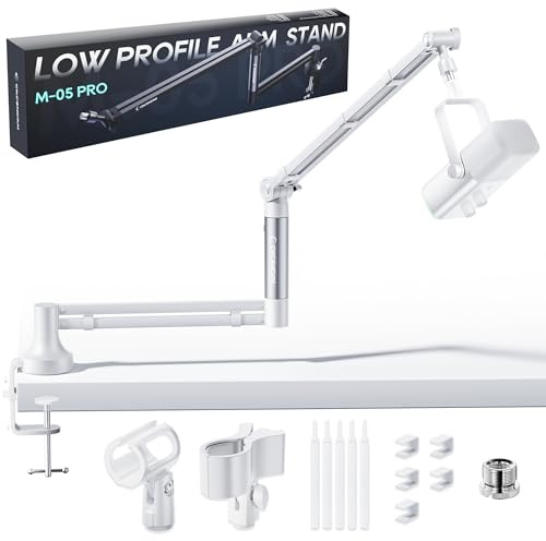 M05 Pro Galgenarm, 360° drehbarer Mikrofonständer mit Tischhalterung, faltbarer Schreibtisch-Mikrofonarm mit 3/8 Zoll auf 5/8 Zoll Schraubadapter, Mikrofonarm für Live-Streaming, Gaming (Weiß)