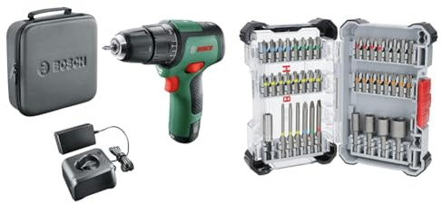 Bosch Cordless Hammer Drill EasyImpact 12 (1 Battery, 12 Volt System, in Soft Storage Bag) + 43x Extra Hard Screwdriver Bit Set, 43-Piece (197 x 110.5 mm, Professional Accessories Screwdriver, Drill)