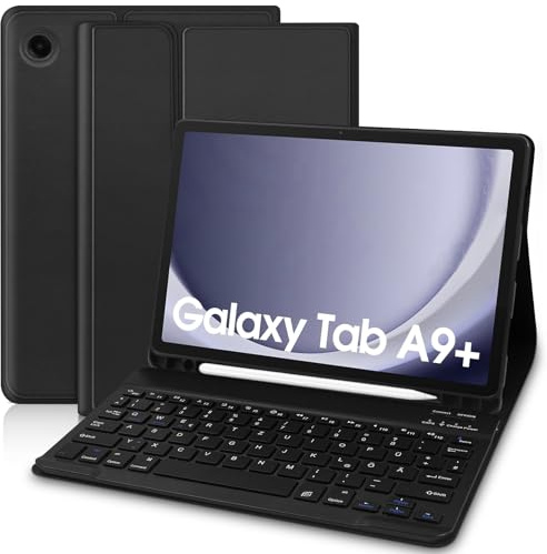 TENGWUDZ Für Samsung Galaxy Tab A9 Plus 11 Zoll 2023 Hülle mit Tastatur [QWERTZ Deutsches], Samsung Tablet A9+ Tastatur Magnetische Bluetooth mit Abnehmbar Hülle (Schwarz)