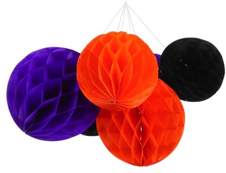 MUELODSIC 6 Piezas Bolas Colgantes Papel Panal Halloween Decoración Fiesta Vibrante Colores Naranja Púrpura Negro Pompones para Eventos y Fondos Festivos