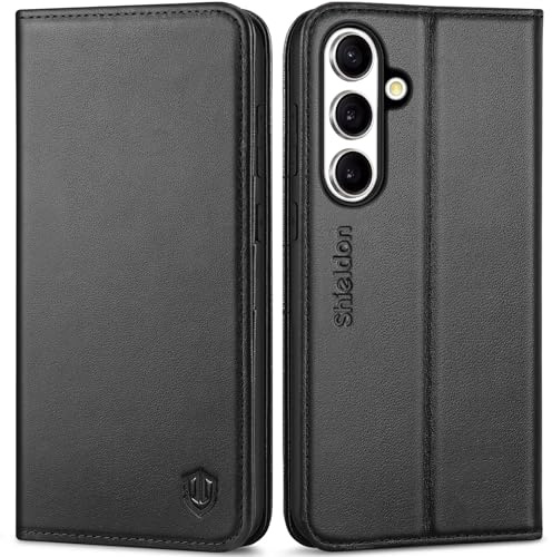 Shieldon Coque en Cuir Véritable pour Galaxy S25 FE 6.7 5G 2025, Noir | Etui Portefeuille Housse Rabat, RFID Blocage, avec Fentes de Cartes Support Intégré Case Anti-Choc