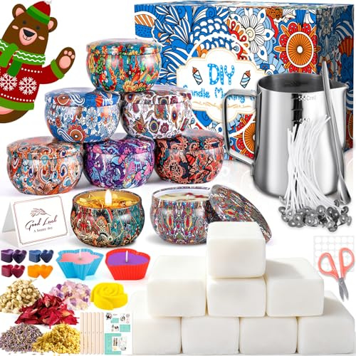 ZQEJEFD Kerzen Selber Machen Set, DIY Kerzenherstellung Kit, Duftkerze Geschenke Set mit Natürliches Sojawachs,Kerzen Schmelztopf, 8 Kerzendosen, 8 Farbblöcken, 30 Candle Wicks Aufklebern u Rührlöffel