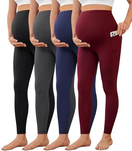 VALANDY Creamlush 4 Pack Maternity Leggings with Pockets Over The Belly-Buttery Soft Yoga Workout Pregnant Pants