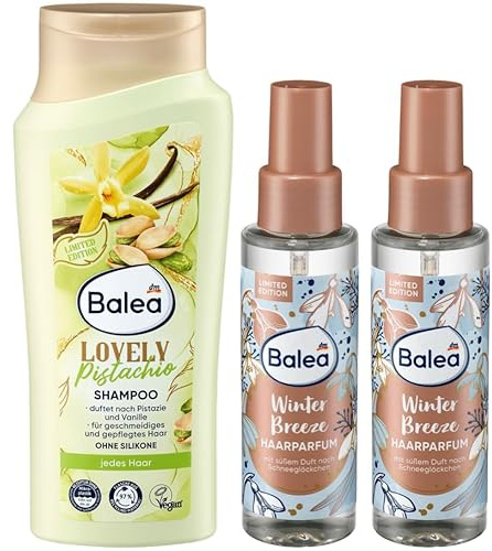 Balea Shampoo Lovely Pistachio, 300ml + Haarparfüm Winter Breeze, 2 x 100ml | Haarpflege für ein geschmeidiges Haargefühl mit Vitamin B3 & Provitamin B5 + Haarduft nach Schneeglöcken & natürlicher Glanz