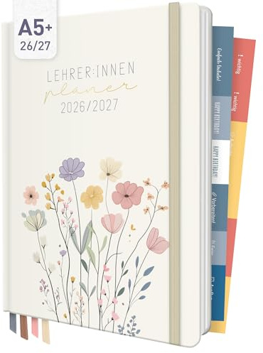 Häfft® Lehrer-Planer 2026/2027 im A5+ Format Flower Joy | Praktischer Lehrerkalender & Schulplaner mit Hardcover, 4 Lesebändchen, Stickern, Notenlisten & vielem mehr!