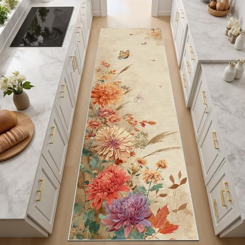 Teppich Flurläufer Lang Pfingstrose Und Schmetterling Im Vintage-Stil Teppichläufer Küchenläufer Küche Teppiche Rutschfest Blumen Und Schmetterling Gelb Waschbar Bettvorleger Flur läufer 80x300 cm