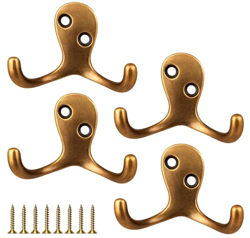 4PCS Antique Brass Double Coat Hooks, Heavy Duty Metal Hooks with Screws | Wall Mounted Hooks Robe Dress Hangers Brass Hooks Gold Coat Hooks for Hanging Coats Towels and Hats Bathroom Bedroom Office