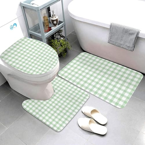 Set di 3 tappeti da bagno verde chiaro con stampa a quadretti assorbenti antiscivolo lavabili, copriwater a forma di U, tappetino per contorno WC, tappetino per doccia, tappetino da bagno per WC e
