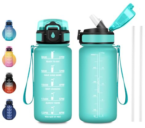 JAPORIA Borraccia 500ml, Borraccia Riutilizzabile, Motivazionale con Indicatore del Tempo, A Prova di Perdite, con Cannuccia, senza BPA, per Ufficio, Campeggio