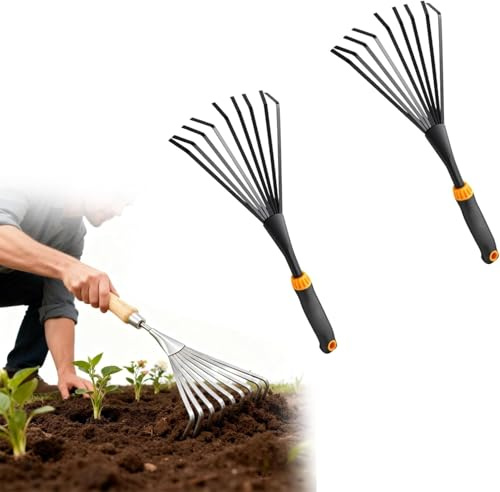 Rastrillo de mano de acero inoxidable para jardinería, rastrillo de mano para jardinería, mini rastrillo de jardín de 38 cm, 9 abanicos de raíz de acero, rastrillo de hojas, rastrillo de césped y