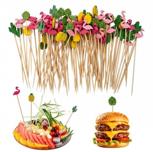 Merzio 100 Counts Bamboo Cocktail Sticks, Pineapple Flamingo Cactus Shaped Wooden Skewers, Cocktail Drink Accessories, Decorative Food Picks for Appetizers Fruit Burgers, Tiki Bar Party Decorations