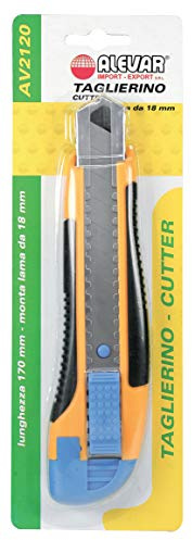 Alevar Taglierino Cutter Professionale con Lama a Spezzare da 18 mm e 2 Lame di Ricambio, Guida in Acciaio, Blocca Lama a Scatto e Impugnatura in Gomma, Confezione da 24 Pezzi