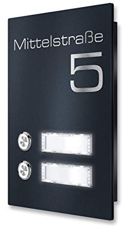 Metzler® Edelstahl Türklingel mit 2 Tastern und austauschbaren Namensschildern anthrazit RAL 7016 wetterfest IP67 Aufputz-Montage LED-beleuchtbar 156x220mm 10 Jahre Ersatzteilverfügbarkeit