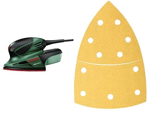 Bosch Multischleifer PSM 100 A (100 Watt, im Koffer) + 10 Stück Schleifblatt C470 Best for Wood+Paint (Holz und Farbe, 102 x 62 mm, Korn 80)