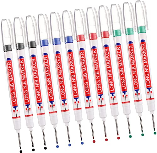12pcs Deep Hole Marker Pennor Snickarpennor, 20 mm Extra Långa Fina Spetsar Permanenta Pennor, UNOLIGA Markeringsverktyg för Permanent Märkning av Svåråtkomliga Områden (Svart Blå Röd Grön)
