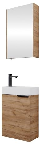 Planetmöbel Waschtischunterschrank mit Spiegelschrank Badmöbel | Set 40cm, Badezimmer Gäste WC Gold Eiche