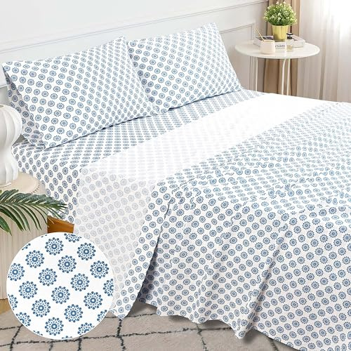 Sleepdown Cotton Bed Sheet Set - Mandalas Blue, Queen