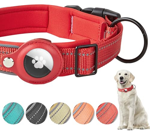 Boloshine Collier Chien pour Apple AirTag, Réfléchissant Réglable Classique Collier en Nylon avec Étui Air Tag et Doux Respirant pour Grands, Moyens et Petits Chiens (Rouge, L)