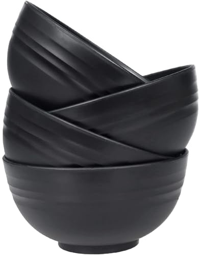 Unbreakable Cereal Bowls Set of 4, 24 oz Lightweight Plastic Salad Bowls | Dishwasher & Microwave Safe, Reusable Serving Bowl for Rice Noodle Soup Snack Salad Fruit, BPA Free (Black)