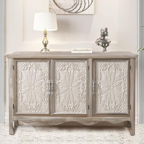 RoyalCraft Farmhouse Sideboard Buffet Cabinet with Storage, 49 Solid Wood Credenza Buffet Table Coffee Bar Wine Bar Storage Cabinet with 3 Doors for Dining Room Living Room Hallway, (Provence Gray)