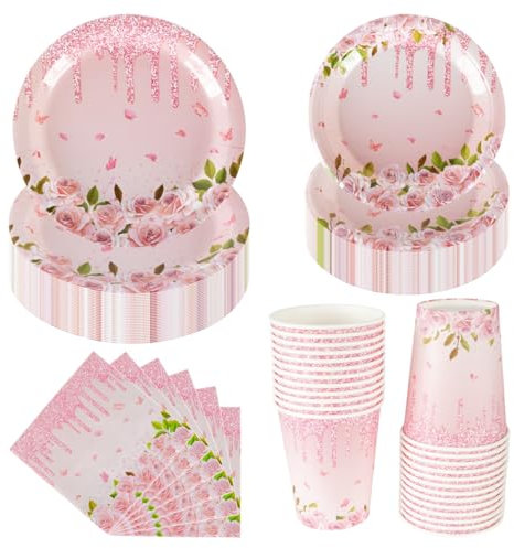 CEILIWEN Set da tavola per feste con motivo floreale, 100 pezzi, piatti di carta per feste da tè, bicchieri e tovaglioli, forniture per feste rosa pastello, per 25 ospiti